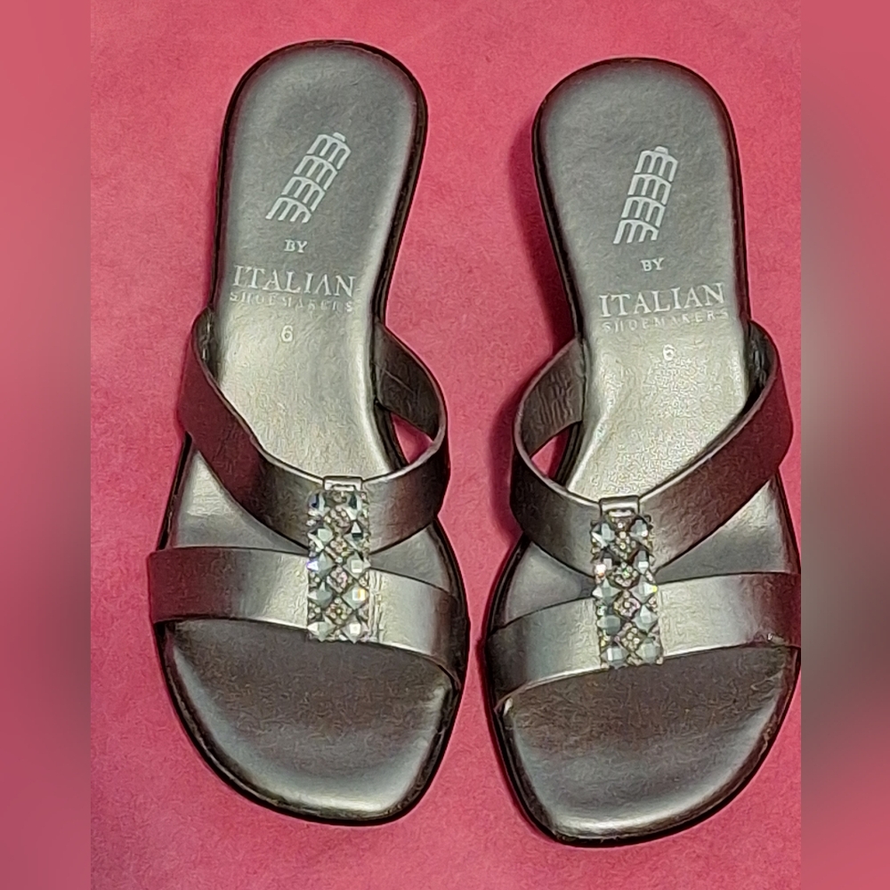 ITALIAN SHOEMAKERS |  Silver Slide Sandals with Crystal Accents